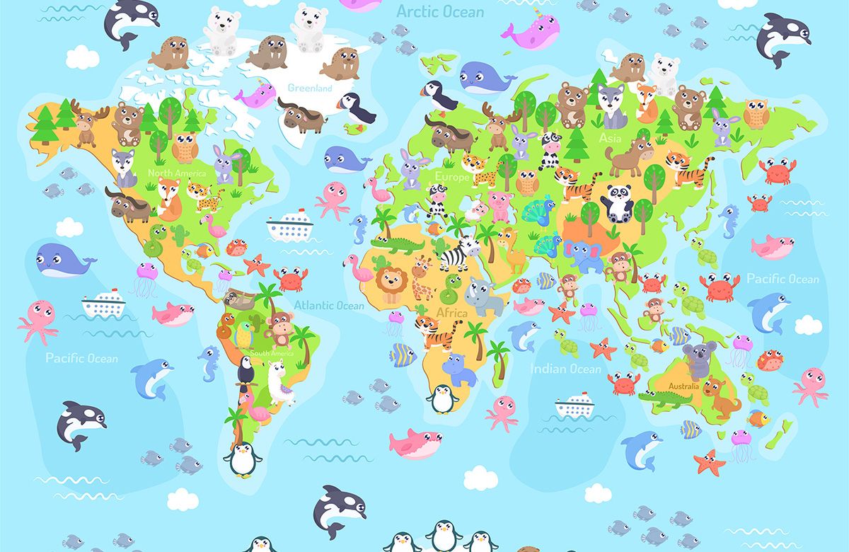 blue-world map-design-Singular design large mural-roll