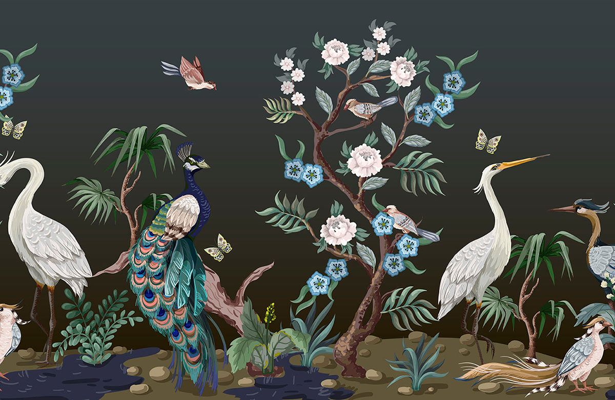 green-birds -design-Singular design large mural-roll