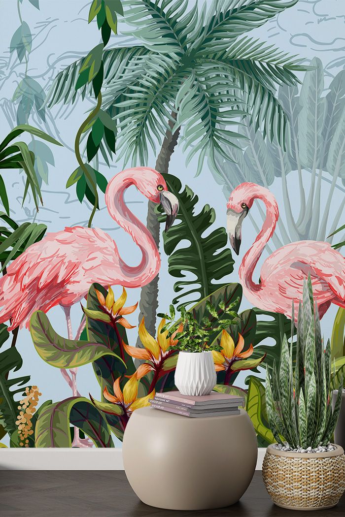 green-flamingo-Singular design large mural-with-side-table