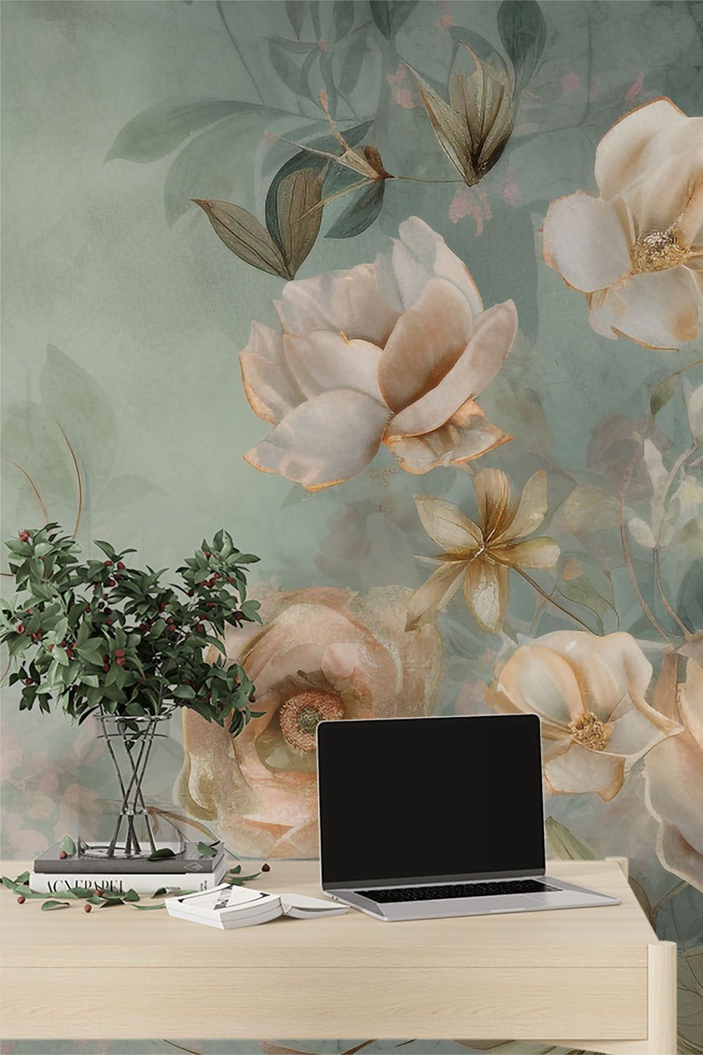 watercolour-roses-and-leave-in-rough-background-wallpaper-sample