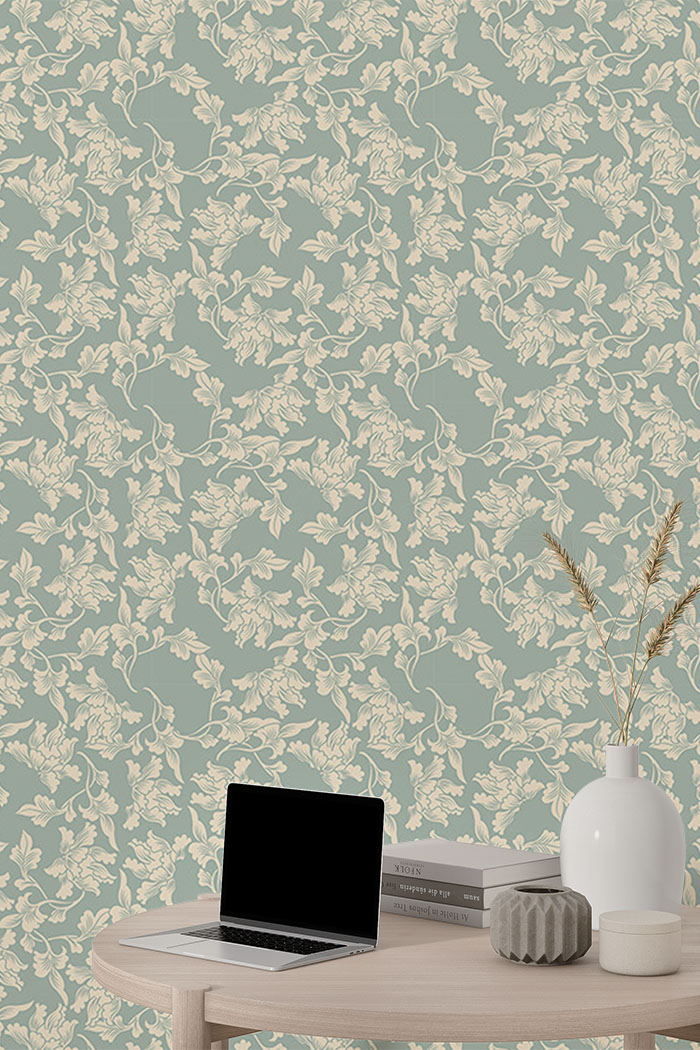 green -floral-Singular design large mural-with-side-table