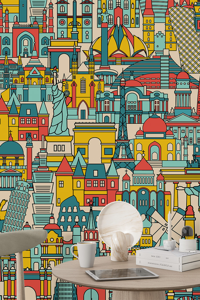 yellow-travel-Singular design large mural-with-side-table