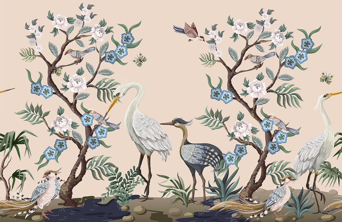 beige-birds -design-Singular design large mural-roll