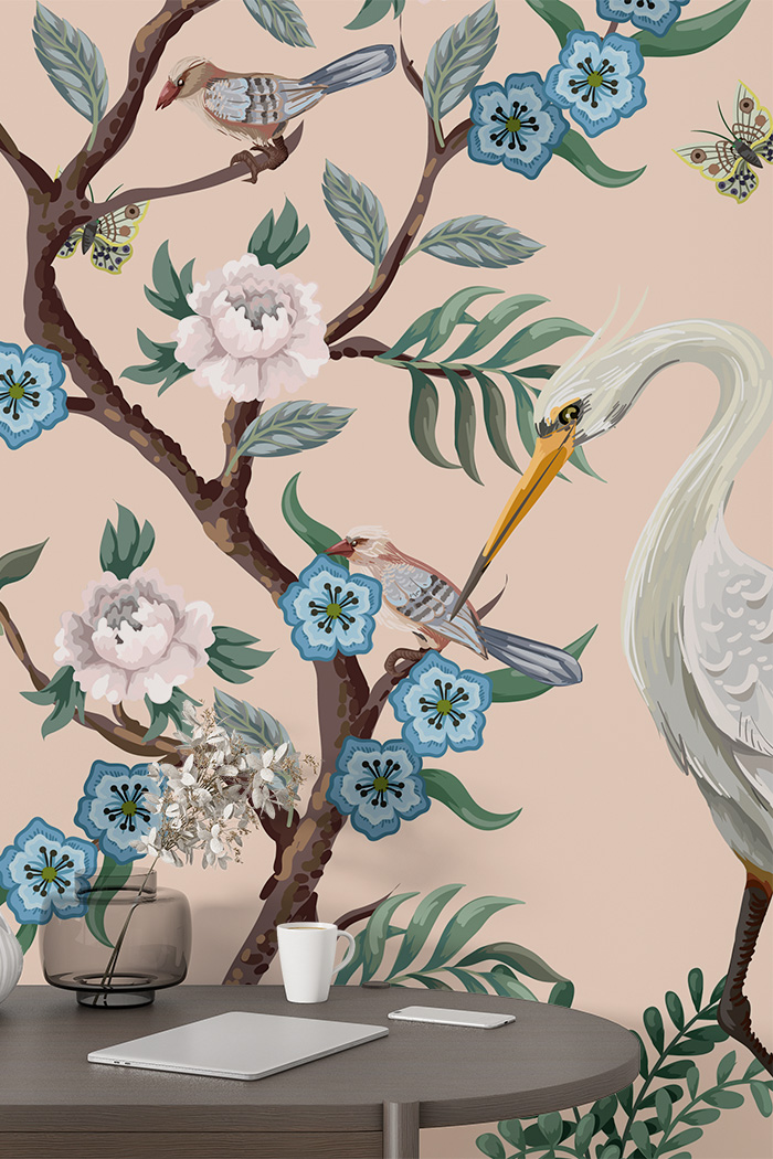 beige-birds -Singular design large mural-with-side-table