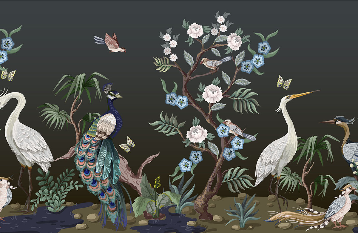 green-birds -design-Singular design large mural-roll