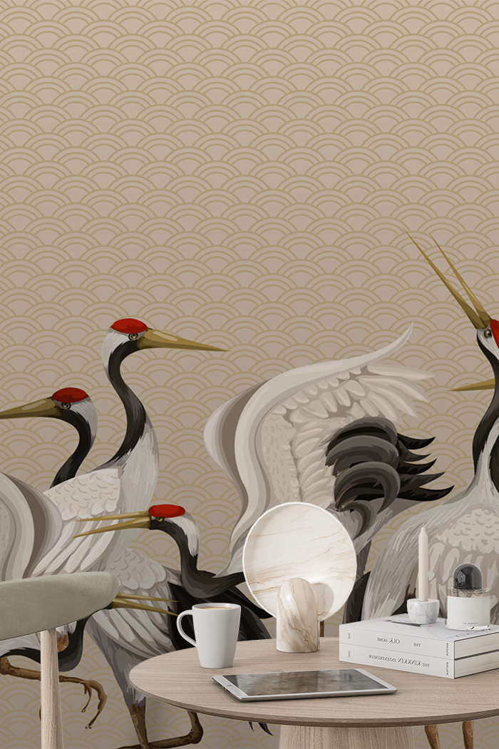 beige-cranes-Singular design large mural-with-side-table