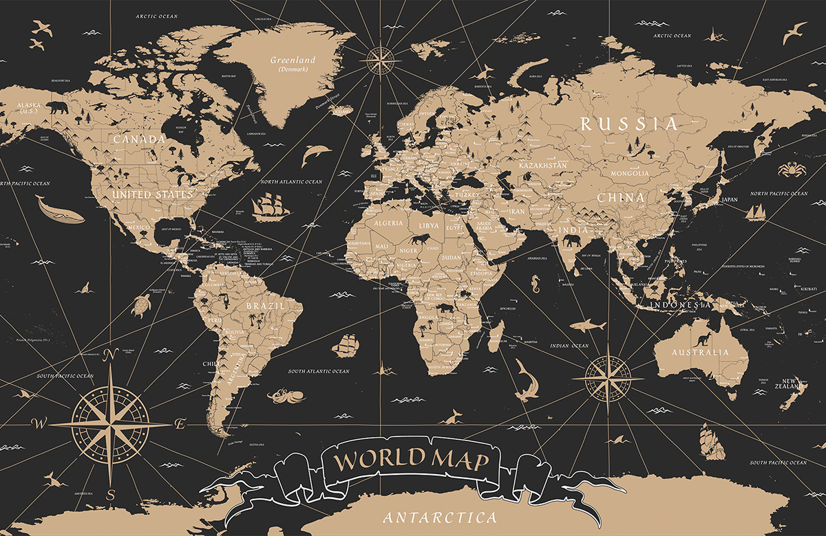 brown-world map-design-Singular design large mural-roll