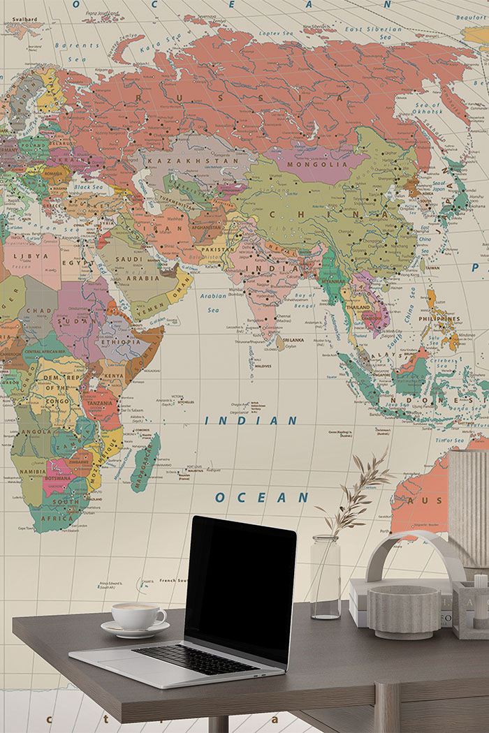 beige-world map-Singular design large mural-with-side-table