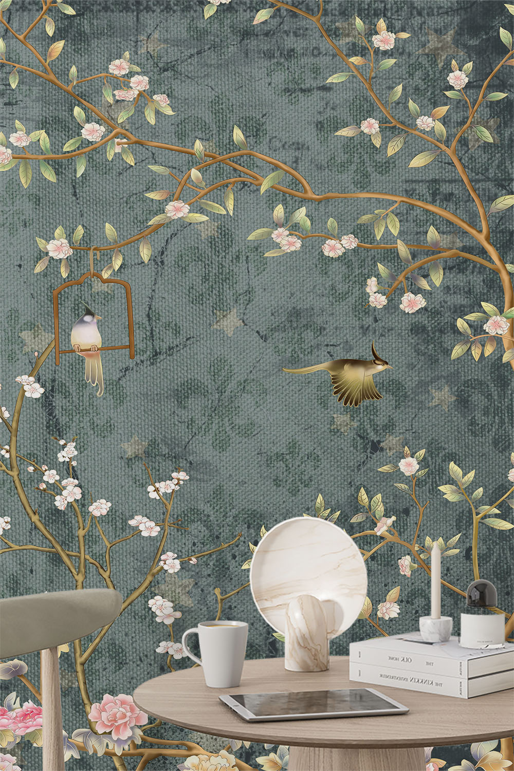 chinoiserie-plants-with-flowers-in-green-wallpaper-wallpaper-sample